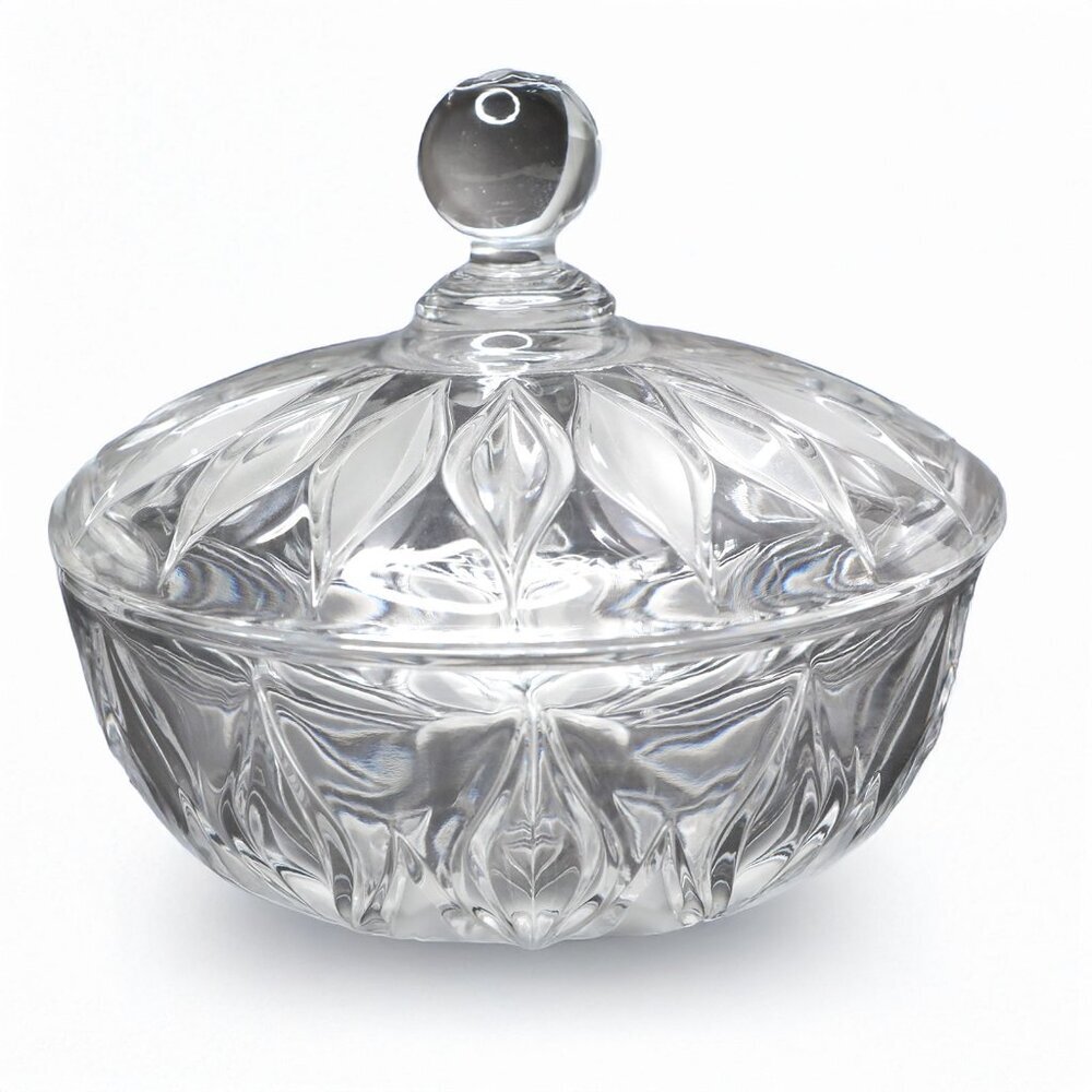 Vintage JOSKA Bleikristall Lead Crystal Candy Dish w/ Frosted Leaves & Lid Glass